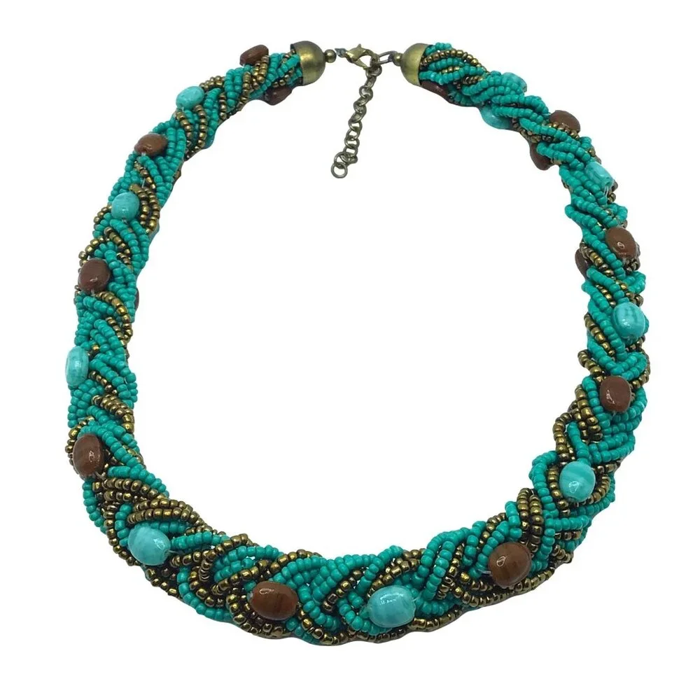 Beaded Necklace Braided Seed Beads Natural Stone Accent Boho Style Blue Brown